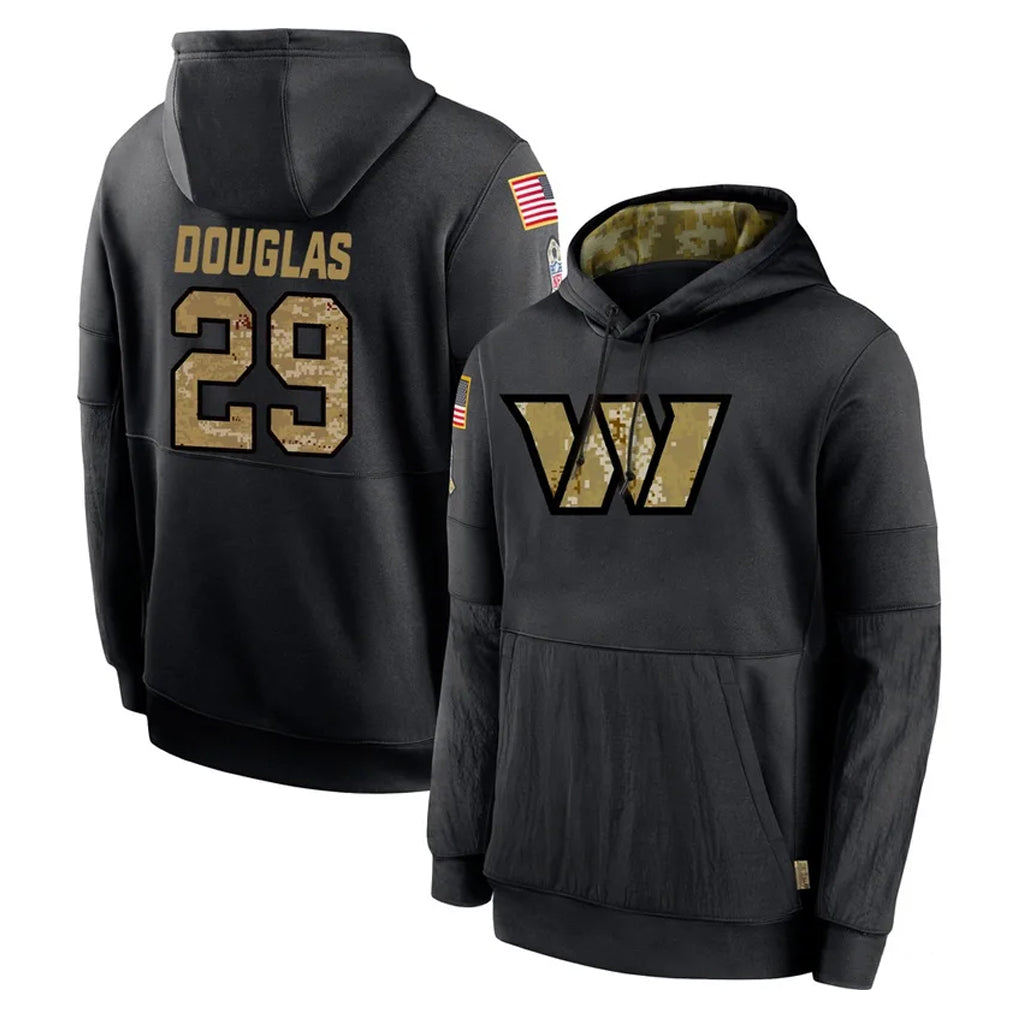 Tlead W.Commanders #29 Rasul Douglas Player Black Salute to Service Performance Pullover Hoodies Home Game Stitched Jerseys