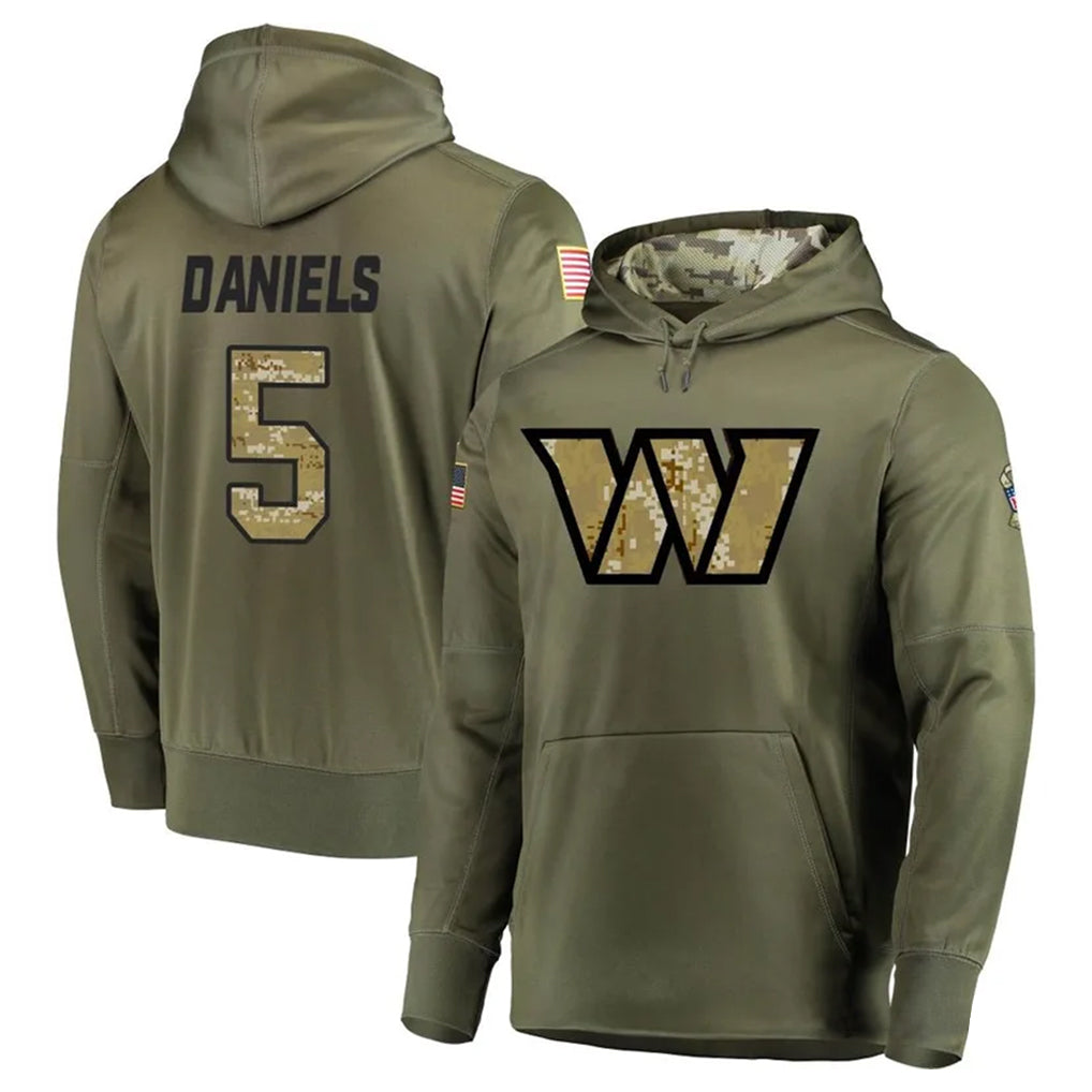 Tlead W.Commanders #5 Jayden Daniels Player Olive Salute to Service Hoodies Stitched Jerseys